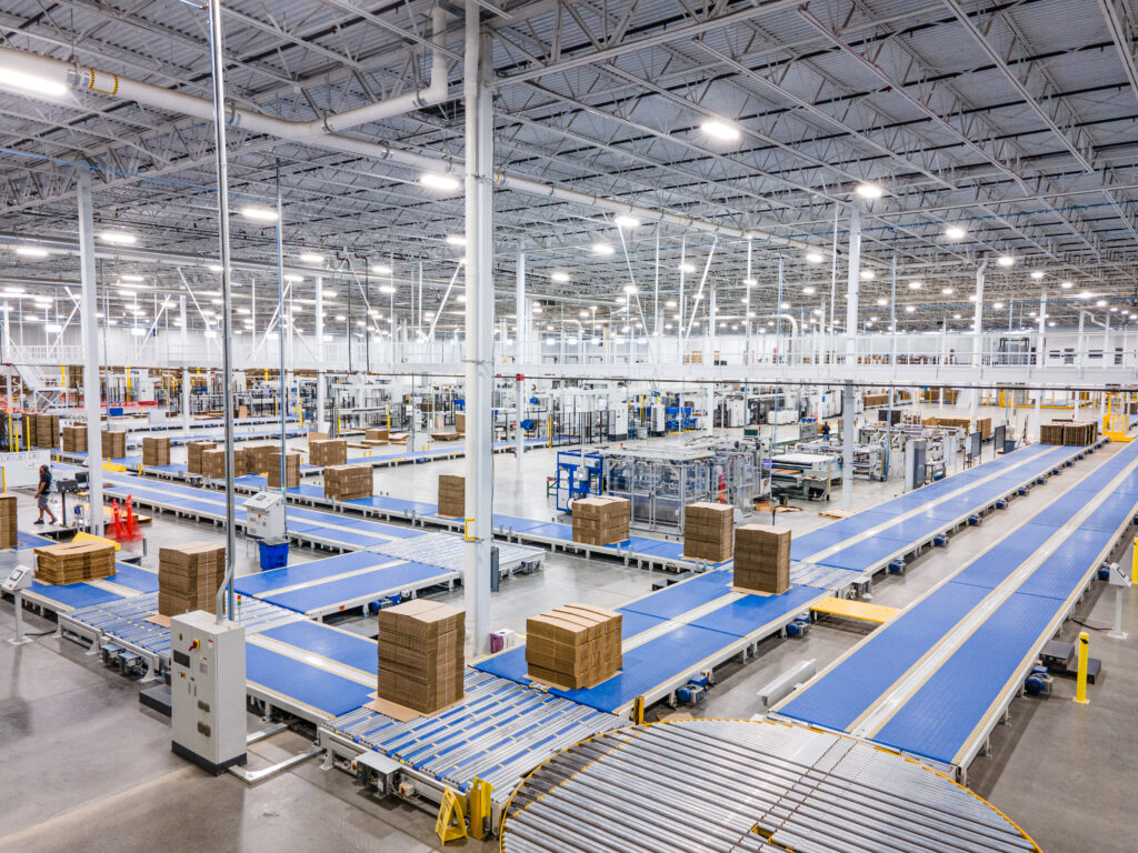 Plant-wide network of blue belt conveyors moving bundles of corrugated blanks across a factory floor