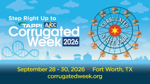 Step Right Up to Corrugated Week 2026, hosted by TAPPI and AICC — a Corrugated State Fair themed ferris wheel graphic. September 28–30, 2026, Fort Worth, TX. corrugatedweek.org